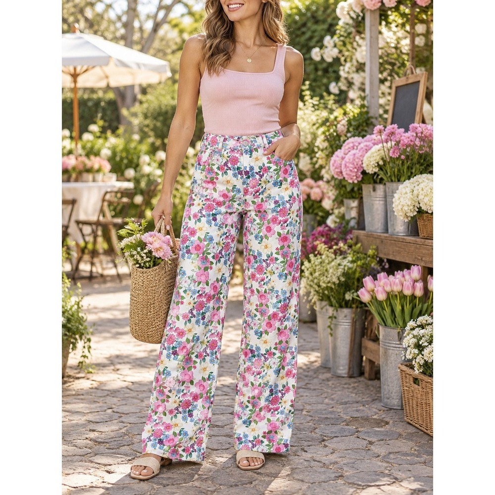 Floral Print High Waisted Straight Leg Pants Women Petite M Multi-Color